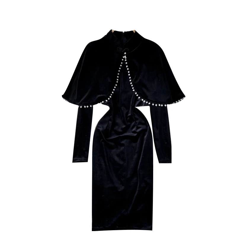 

2021 Temperament New Chinese Style Retro Velvet Cheongsam Improved Version Fashionable Two-piece Dress Female Beaded Shawl