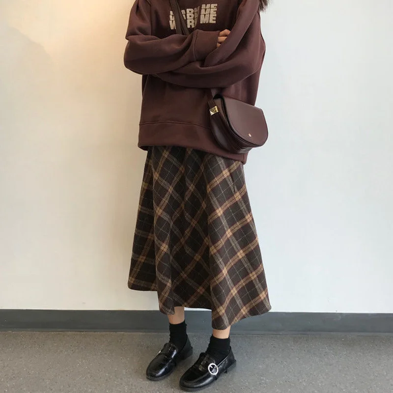 

Vintage Plaid Skirt Women Woolen High Waist A-line Long Skirts Korean Fashion Preppy Style Autumn Harajuku Streetwear