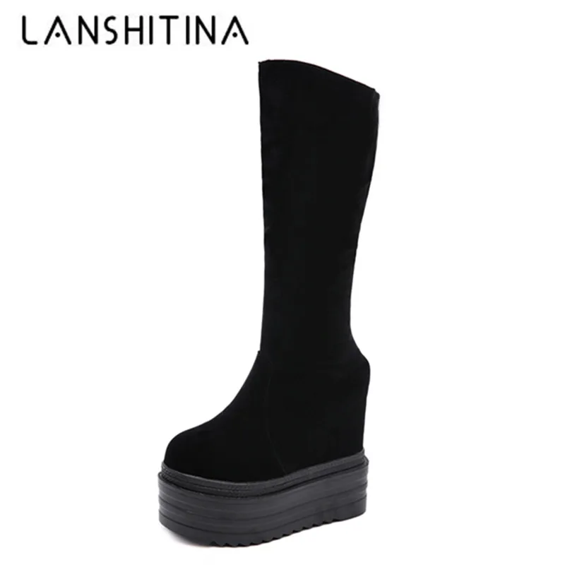 

LANSHITINA High Platform 15cm Winter Boots Wedge High Heels Knee-High Boots Woman Shoes Flock Boots 2020 New