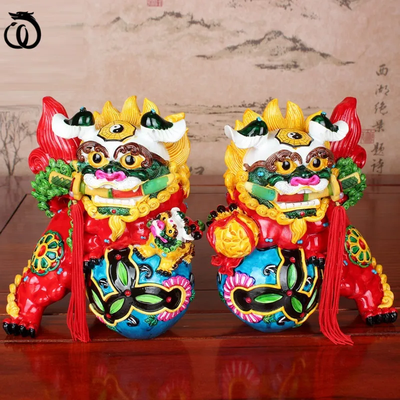 

WU CHEN LONG 2Pcs/set Chinese Style Colors Lucky Lion Art Sculpture Animal Statue Ceramic Craft Feng Shui Home Decoration R6532