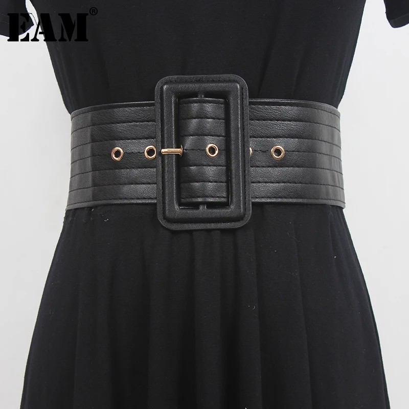 

[EAM] Pu Leather Black Buckle Soft Long Wide Belt Personality Women New Fashion Tide All-match Spring Autumn 2022 1DE4492