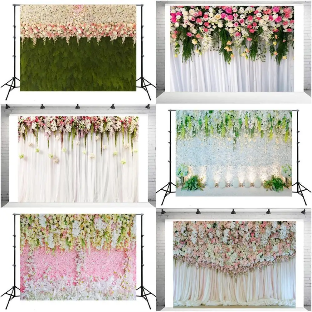 

Wedding White Curtain Blossom Floral Garland Wall Photography Backgrounds Custom Photographic Backdrops For Photo Studio