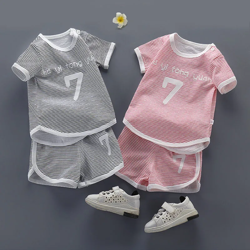 kids wear summer short-sleeved T-shirt beach pants two-piece striped plaid fashion sports suit hot sale child quality clothing | Детская