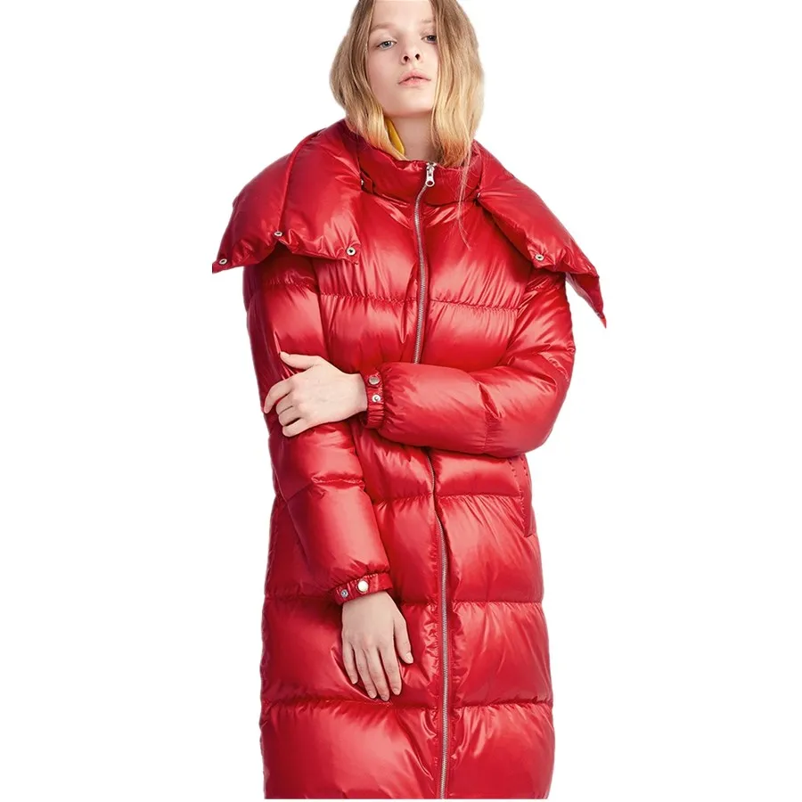 Зимняя Красная двухслойная куртка пуховик с воротником шарфом Женская длинная