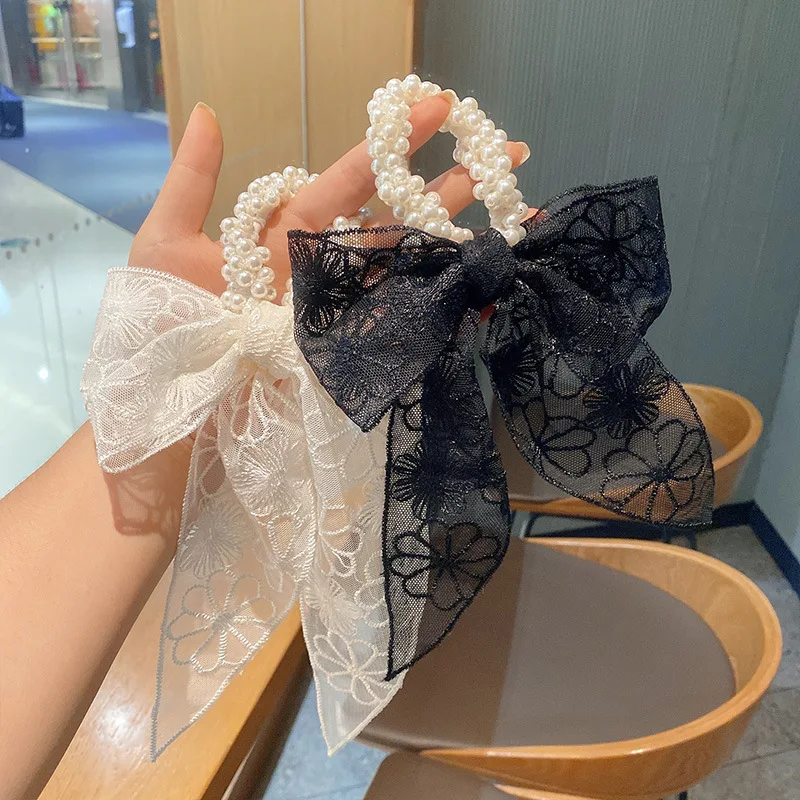 

Retro Lace Pearl Ribbon Hair Bow Korean Hair Tie French Hair Rope Fashion Elastic Hair Band Fairy Hair Ring Hair Accessories