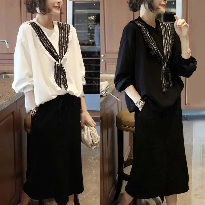

Spring 2021 new lace-up loose T-shirt women's blouse skirt Outfits temperament two-piece long skirt