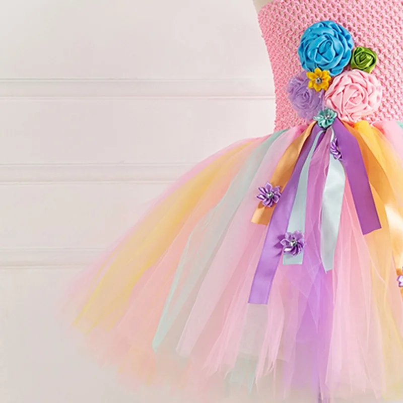 

Halloween Girls Tutu Dress With Gold Unicorn Headband For Kids Pink Fancy Flowers Party Dresses Children Unicorn Costumes