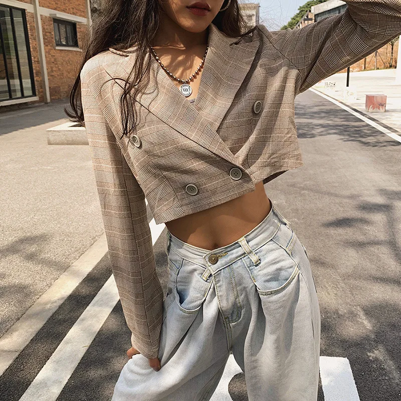 Модные осенние женские клетчатые укороченные блейзеры и куртки для работы