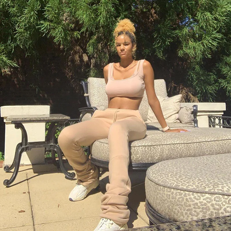 

New Arrivals Street Style Gray Sweatpants for Women Drawstring Casual Extra Long Stacked Pants Winter Thick Warm Trousers