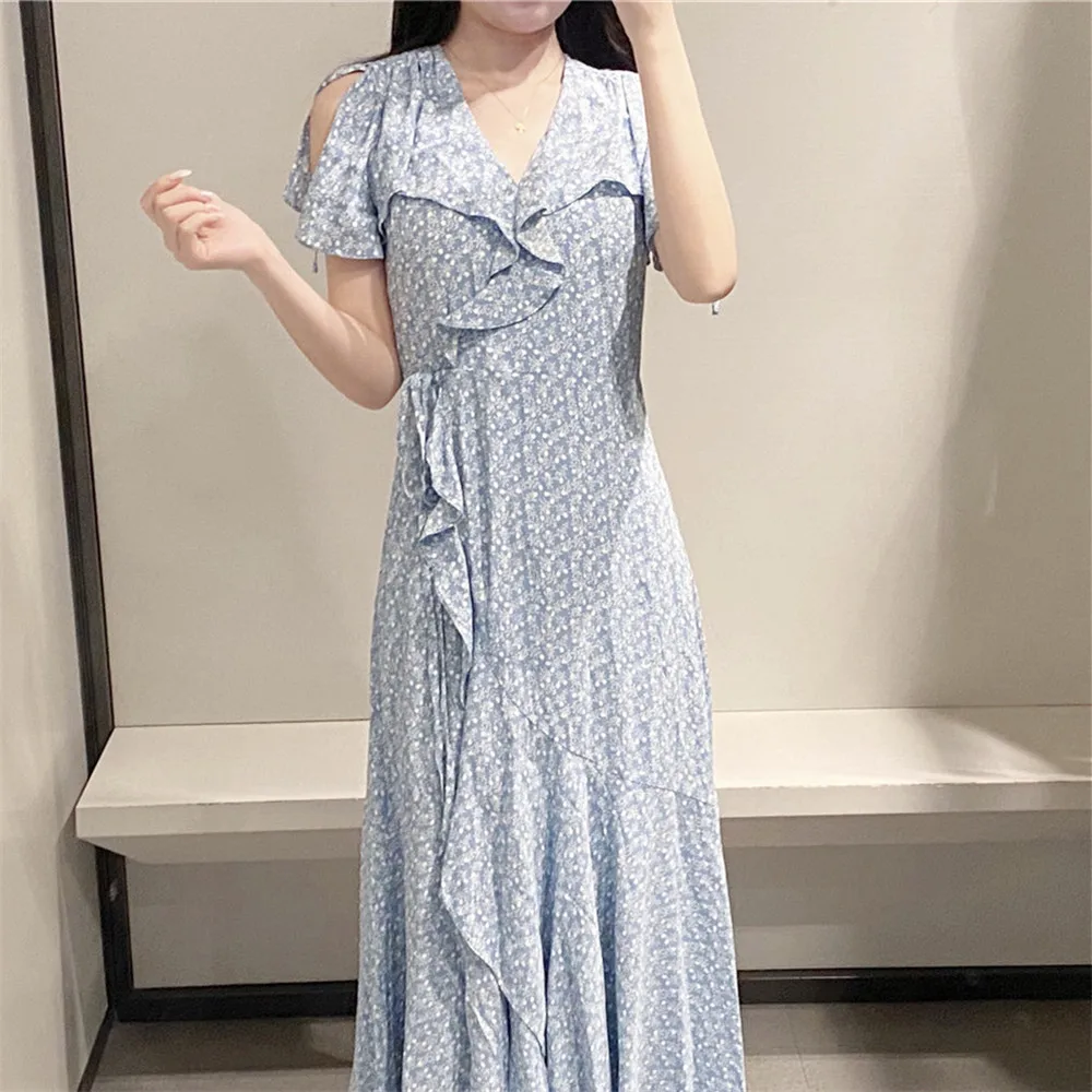 

Fashion Za Women Dress 2020 chic V-Neck Ruffle Wrap Dress Ladies Elegant Light Blue Stylish Casual Belt Slim Dress Vestidos