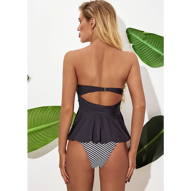 

New Sexy Strapless Bandeau Tankini Women Push Up Beachwear Solid Black Swimsuit S-XL Girl Skirt Bathing Suit Striped Bikini Set