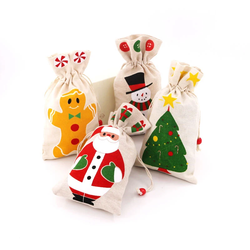 

15*23Cm Winter Christmas Gift Drawstring Bag Santa Claus Snowman Elk Pattern Candy Wrapping Cotton Linen Bag New Year Decoration