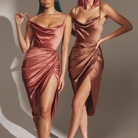 2022 summer new fashion womens elegant satin dress slit spaghetti straps backless sexy club party dresses