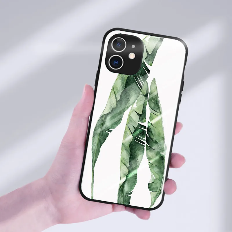 

Green Leaves Ins Art Phone Case For Apple iPhone 11 12 Pro Max XR X XS SE 2020 Mini Tempered Glass Cover Shell For 6s 7 8 Plus