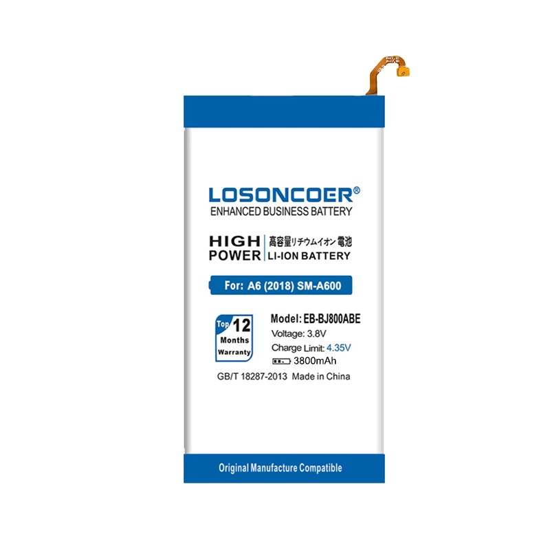 Аккумулятор LOSONCOER 3800 мАч для Samsung Galaxy A6 (2018) A600F EB-BJ800ABE J6 J600F J800 Сменный аккумулятор