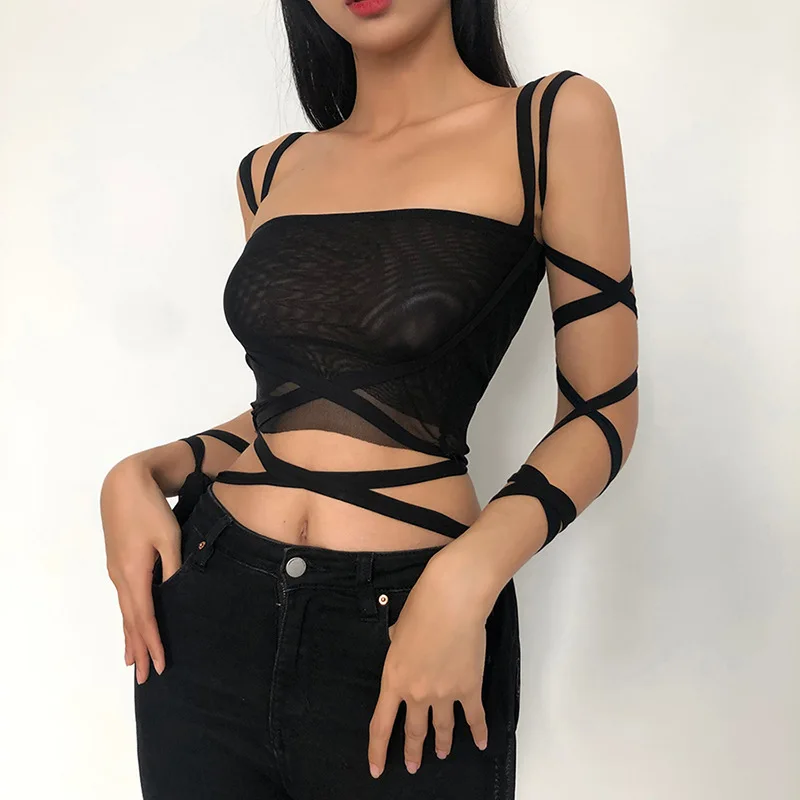 

Black 2021 Mesh Lace Tie Crop Top Spring and Summer New Style Women's Solid Color Navel Fashion Navel Y2k Sling Sexy Small Vest