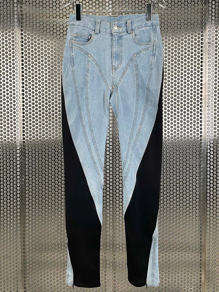 

Vintage Blue Stitching Black Short Denim Jacket High Waist Color Block Cropped Jeans 2021 Autumn Women's Clothing Streetwear