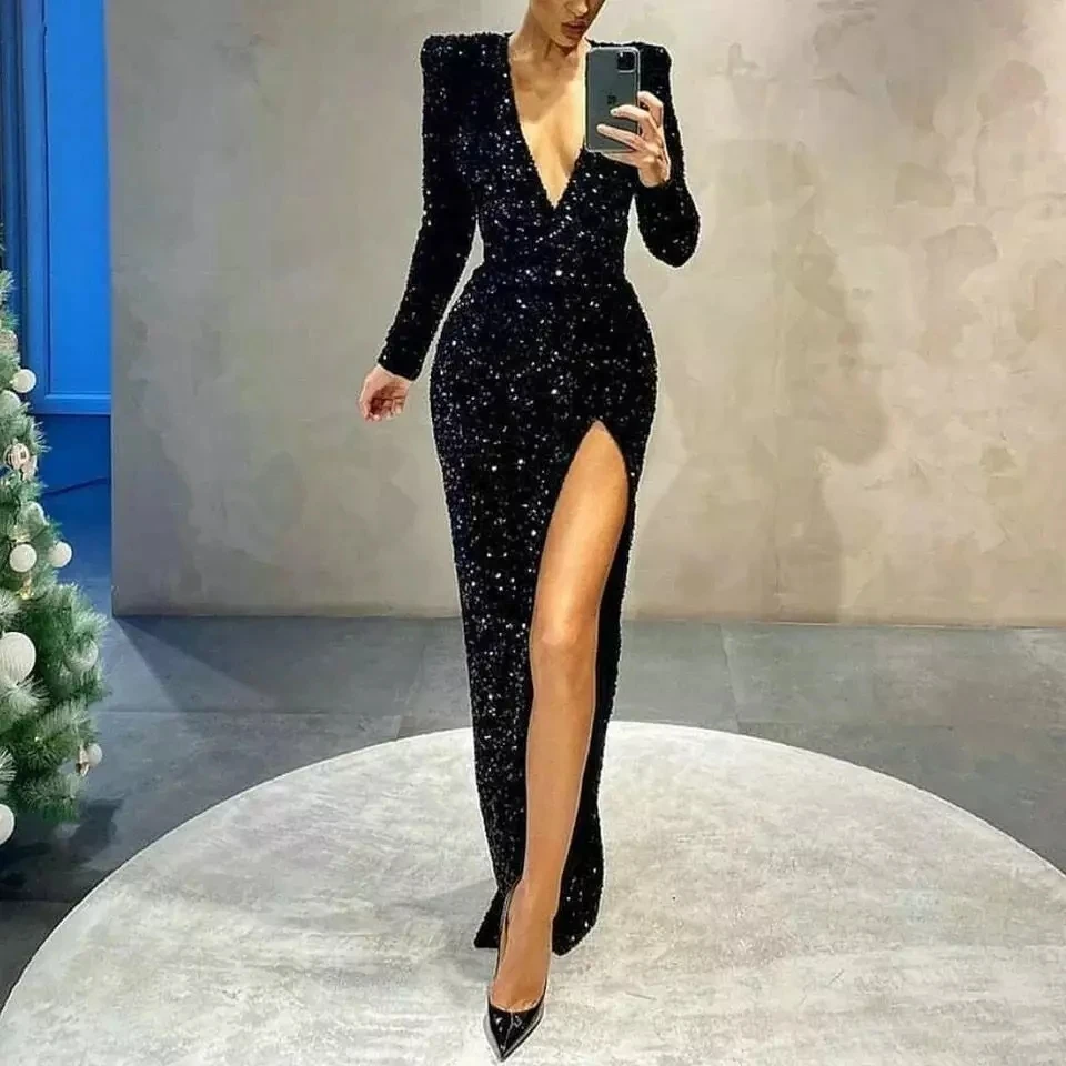 

Black Prom Dress Sequined Ever Pretty Sexy Side Slit Long Elegant Evening Dress Party Dinner Dresses For Women trendyol sukienka