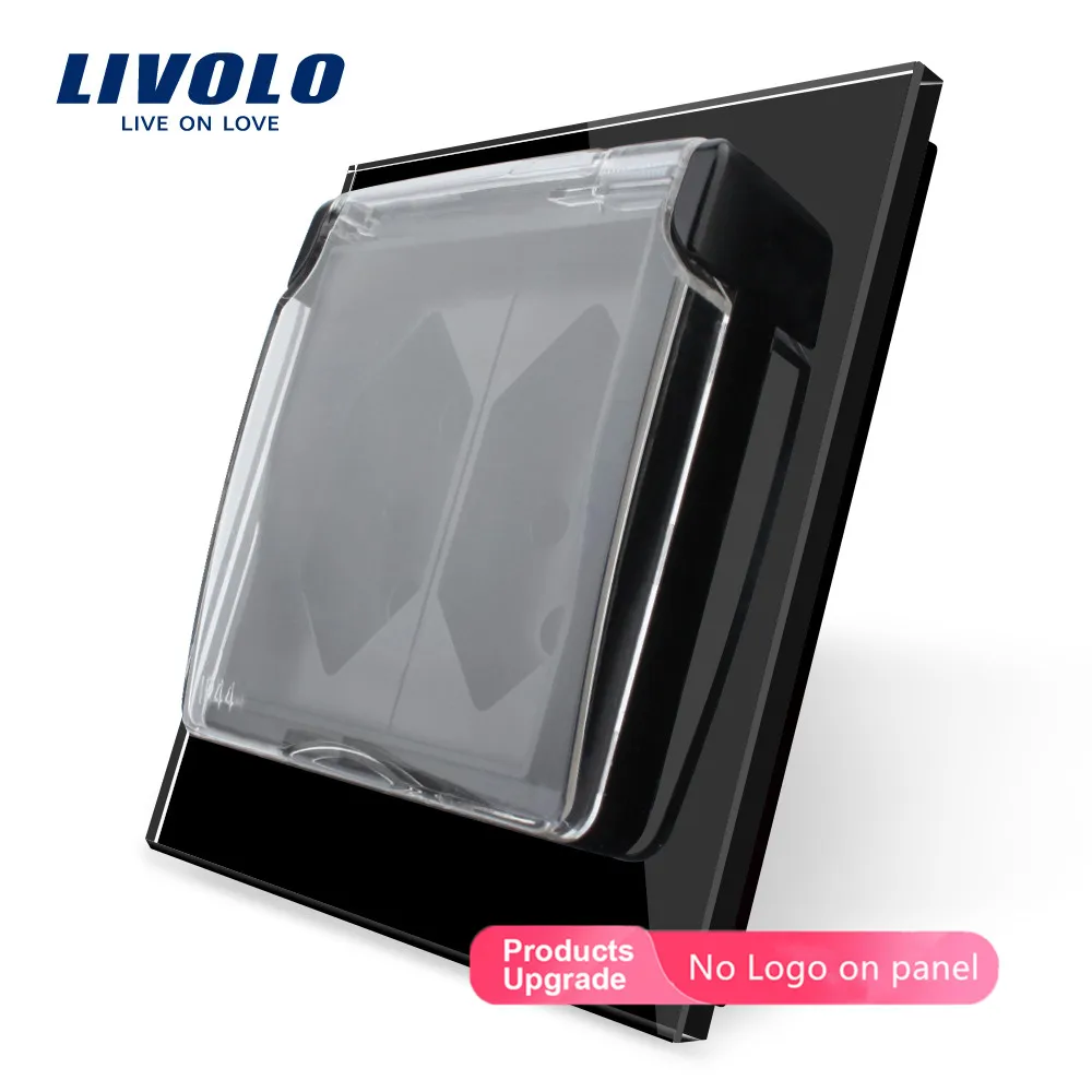 Black-No logo Livolo стандарт ЕС две банды швейцарская розетка, 3 цвета стеклянная панель, AC110~ 250 V, C7C2CHWF, с водонепроницаемой крышкой, без логотипа - Тип: Black-No logo