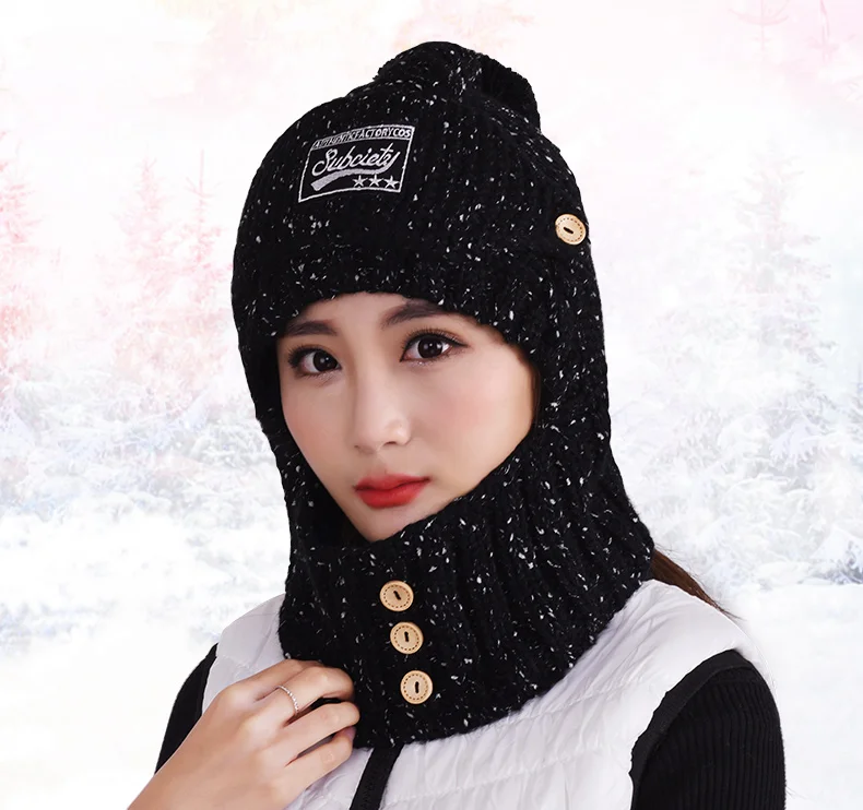 Женская зимняя трикотажная маска шляпа шарф набор pom poms hat тканевая с буквами