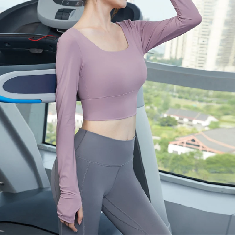 Women Summer Open Back Breathable Yoga Shirts Workout Long Sleeve Fitness Crop Top Gym Cross Back Sports Shirt With Chest Pad