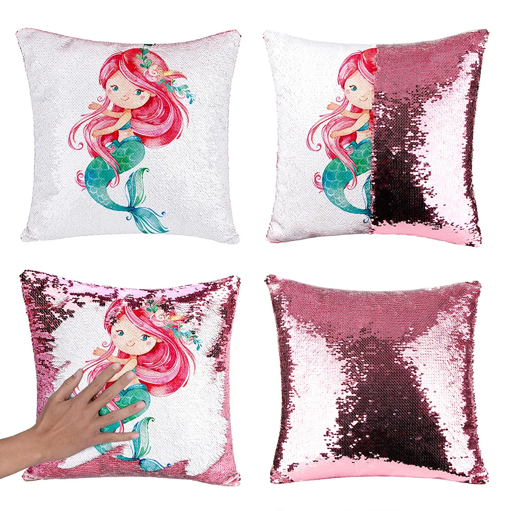 

40x40cm Girl Room Cushion Cover with Sequins Mermaid Shining Reversible Color Changing Cartoon Pillow Case Home Car Decoraion