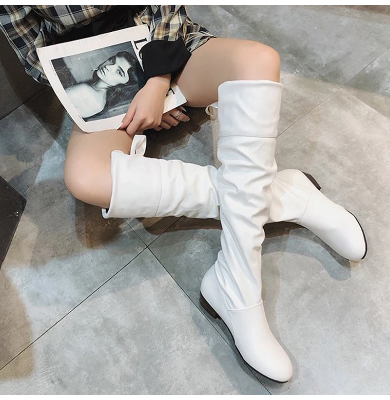 

Woman Knee High Boots Red Black White Tall Boots Woman Pleated Low Heel Casual Leather Autunm Winter Female Long Shoe Women