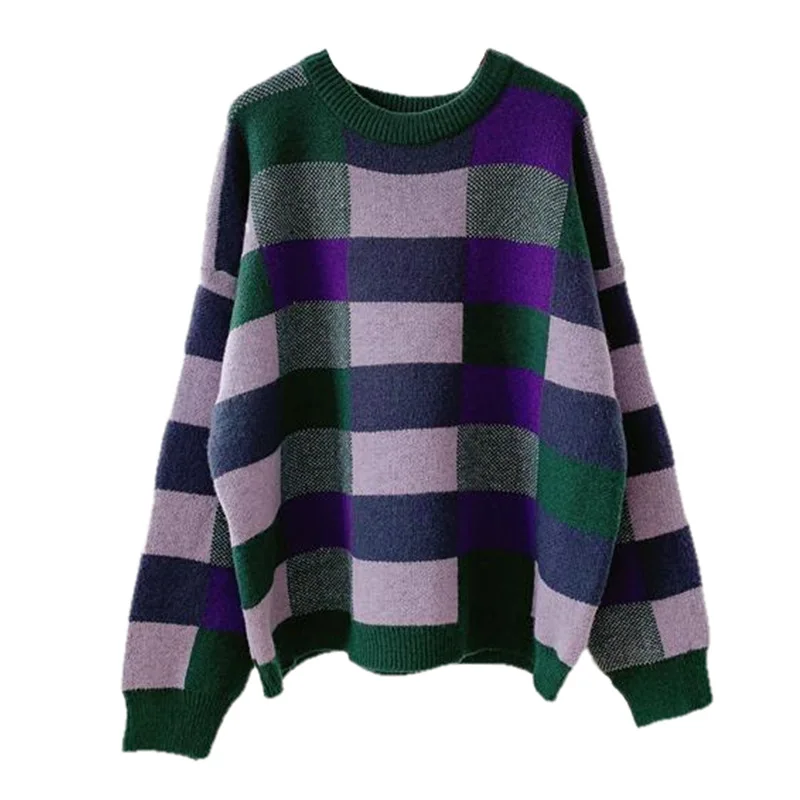

VANOVICH Винтажный стиль Клетчатый контрастный пуловер Женский 2022 осень и зима в стиле преппи Новый Свободный вязаный свитер Топ