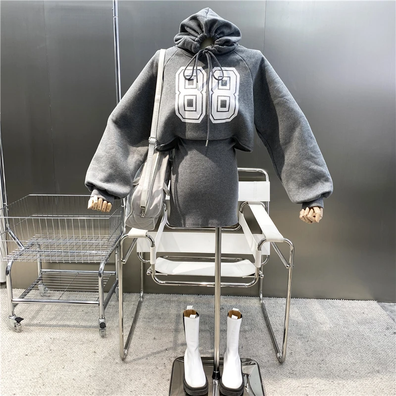 

New Brand Original Design Plush Letter Printed Hooded Skirt Korean Fried Street High Waist Loose And Thin Waist Bag Hip Dress