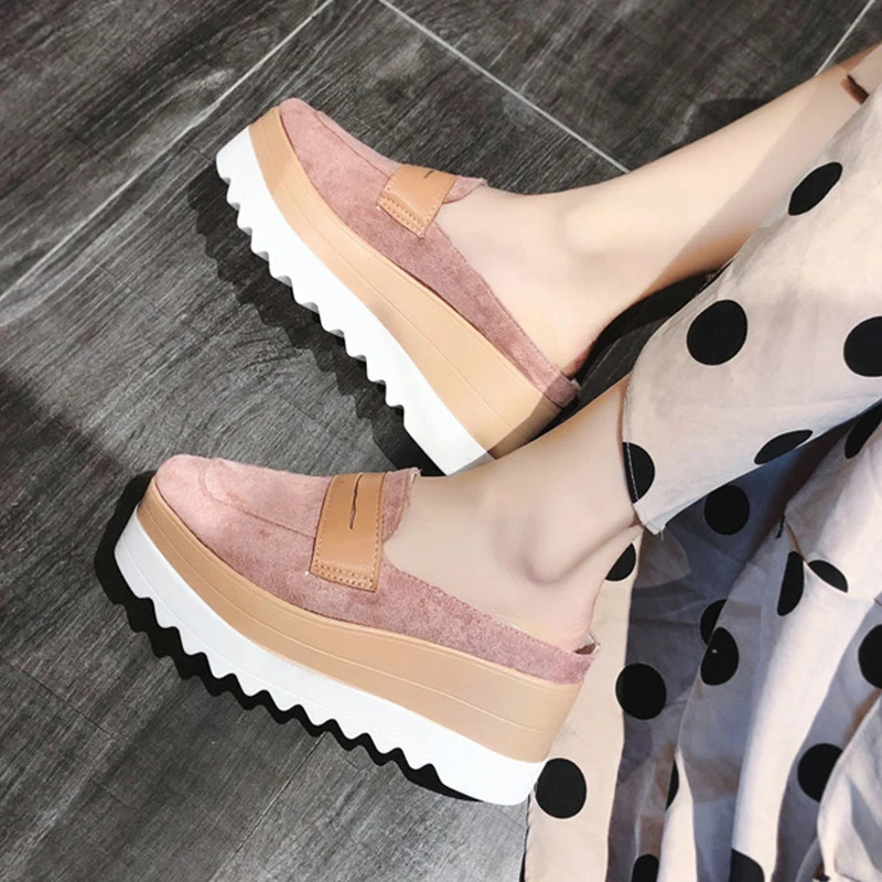 Шлепанцы женские на платформе флоковые сандалии с квадратным носком танкетке