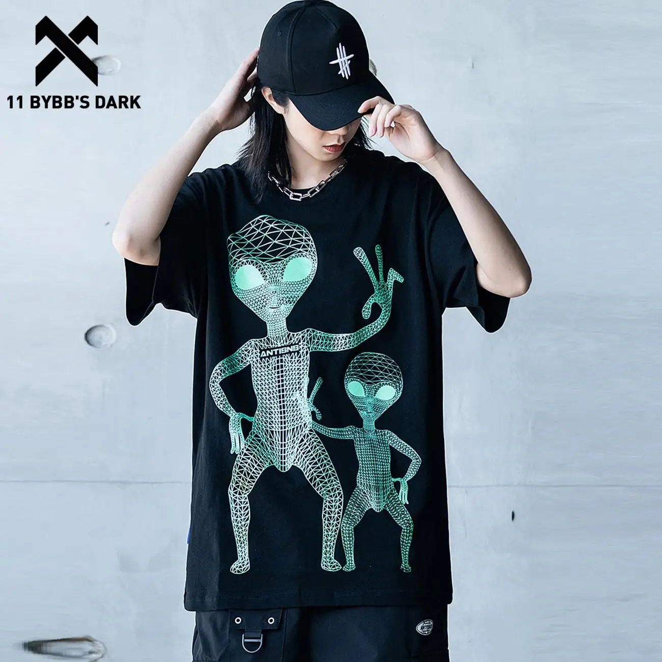 

11 BYBB'S DARK 2021SS Alien Graphics Tees Functional Harajuku Short Sleeve Streetwear Loose Hip Hop Cotton T-Shirt Men Clothing