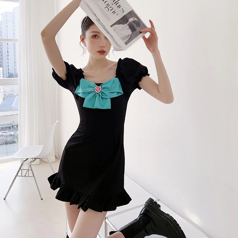 

2022 Women's New Chic Short Sleeve Fishtail Dress Bow Slim Temperament Fit Fashion Tide Summer Strewwtwear Female Clothing