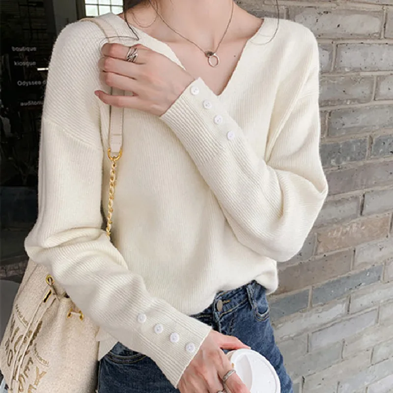 

2020 Autumn Winter Women Sweaters Female Tops Knitted Thin Pullover Solid V-neck Loose Elegant Office Lady Casual All Match