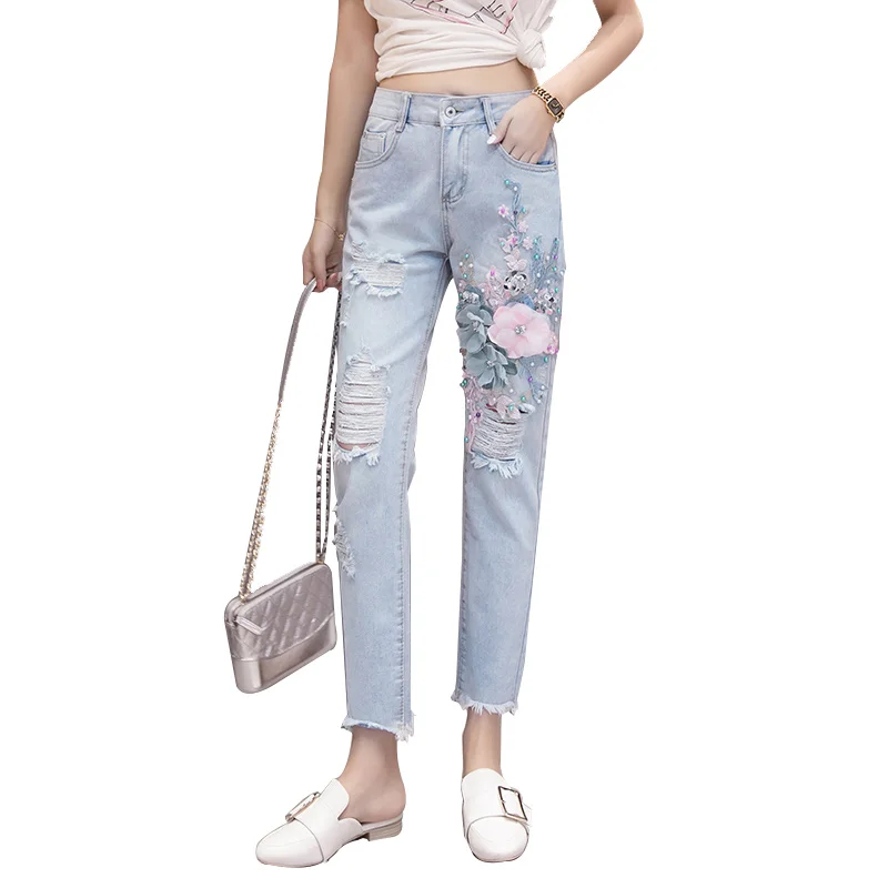 Вышивка Трехмерная Цветочная Блестками Отверстие Джинсовые Карандаш Брюки