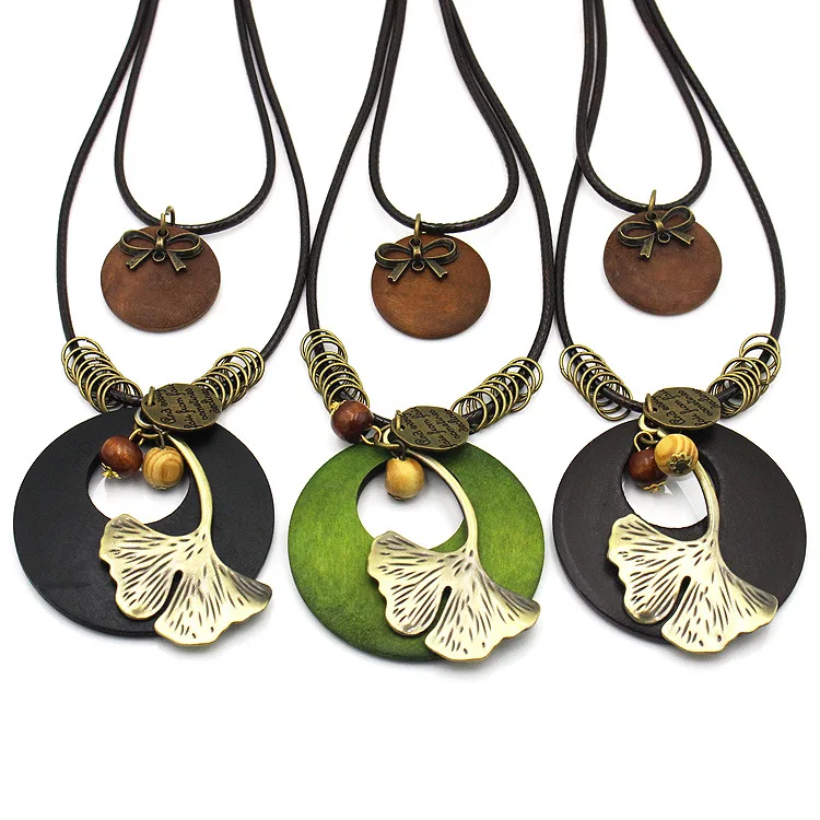 Винтажное этническое стильное деревянное ожерелье для женщин большой лист