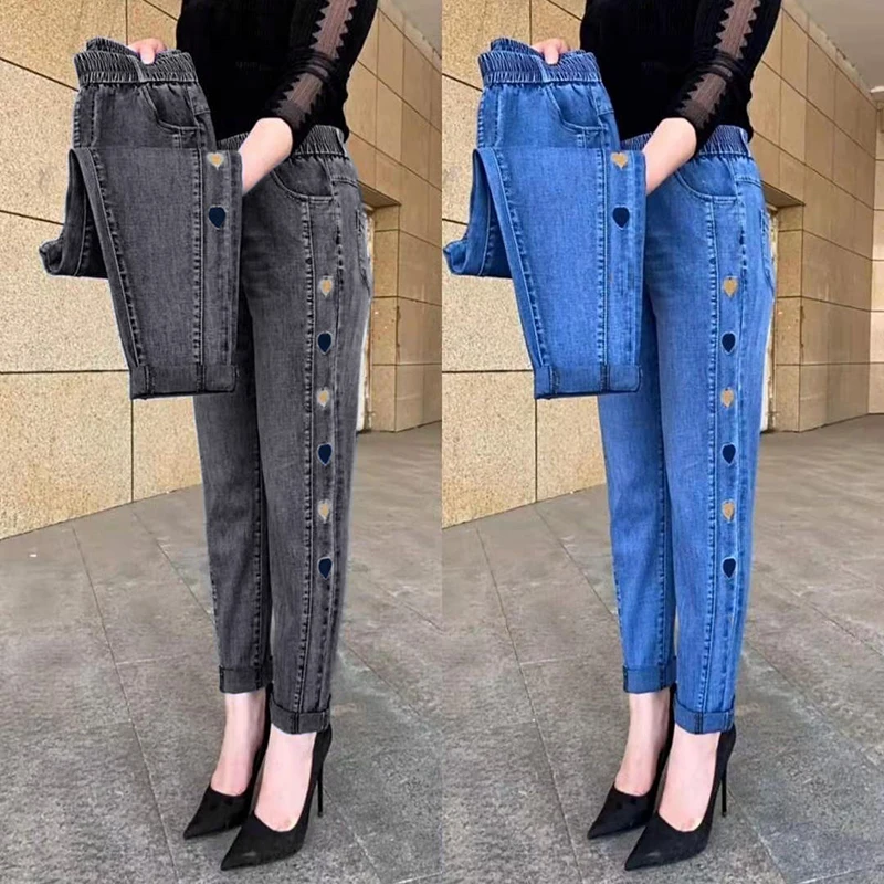 

Color Embroidery Love Harem Jeans Women High Waist Jeans 2021 Korean Mom Jean Vintage Female Denim Trousers Pantalon