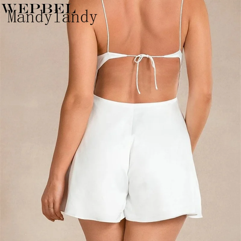 

Mandylandy Women Sexy Playsuit Lady Elegant Sleeveless Halter Romper Female Loose Strap Overalls Short Playsuit