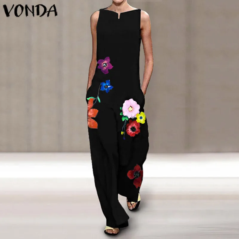 Rompers Women Jumpsuits 2022 VONDA Female Casual Wide Leg Pants OL Party Overalls Sexy V Neck Lapel Neck Print Playsuits