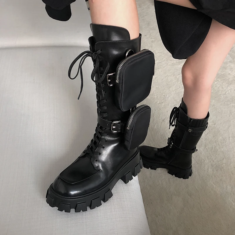 

Lace-up Chunky Sole Platform Boots Round Toe Patent Leather Ankle Pocket Knight Boots Autumn Thick Heel Black Shoes for Women