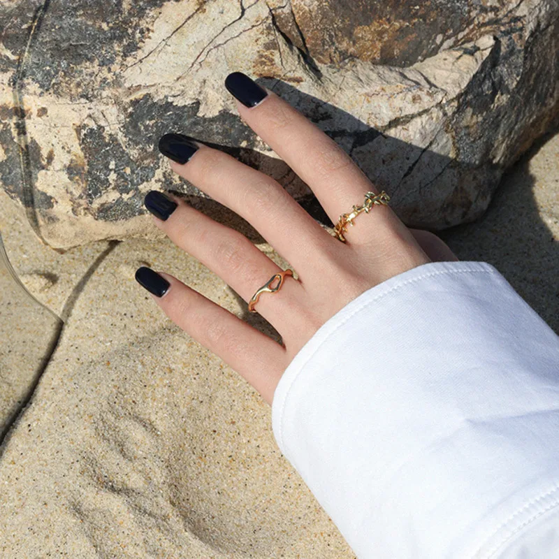 

925 Sterling Silver Korean Version Designer Adjustable Rings Gift For Women Gold Plant Shape Geometric Minimalist Ring Jewellery