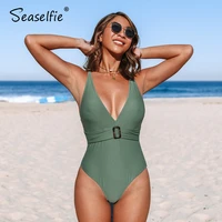 seaselfie v neck belted one piece swimsuit women sexy solid bronze green monokini swimwear 2021 new beach bathing suit beachwear