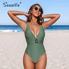 Слитный купальник SEASELFIE с V-образным вырезом и поясом, женский сексуальный однотонный Бронзовый зеленый Монокини, купальник 2022, новый пляжный купальный костюм, пляжная одежда
