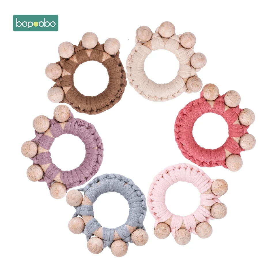 Bopoobo 1PC Baby Teether Beech Wood Toy Hand Teething Wooden Ring Can Chew Pacifier Chain Beads Product Toys Rattle | Мать и ребенок