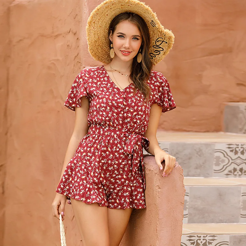 

2021 Summer Women's Home Fashion Casual Floral Short-Sleeved Lace-Up Jumpsuit for Women