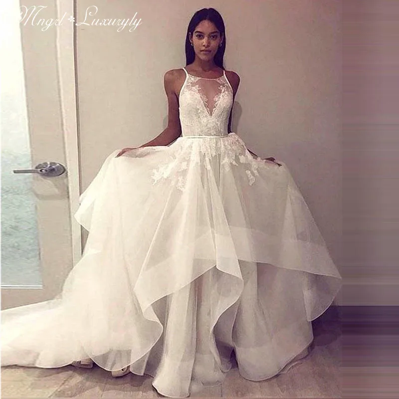 

Luxury A-LINE Wedding Dresses Sleeveless Backless Lace Decal Elegant Vintage Gowns Delicate Layered Tulle Ruffle