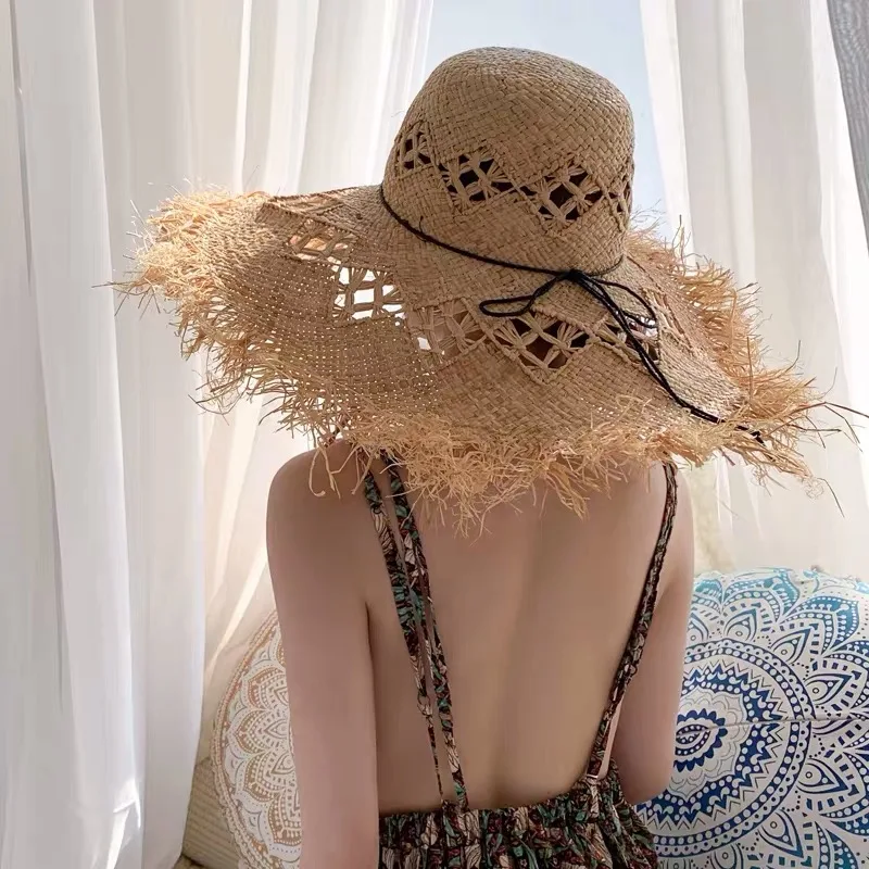 

New Women Big Wide Brim Summer Hat For Female Natural Raffia Straw Hat Sun Protection Caps Panama Seaside Beach Hat For Vacati
