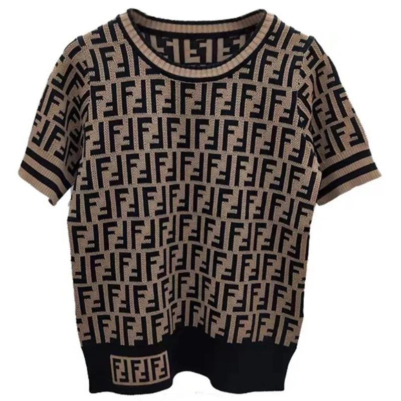 

2021 Summer Fashion Pure Cotton Double Layer F Knit Short-sleeved Women's Sweater Round Neck T-shirt Half-sleeved Top