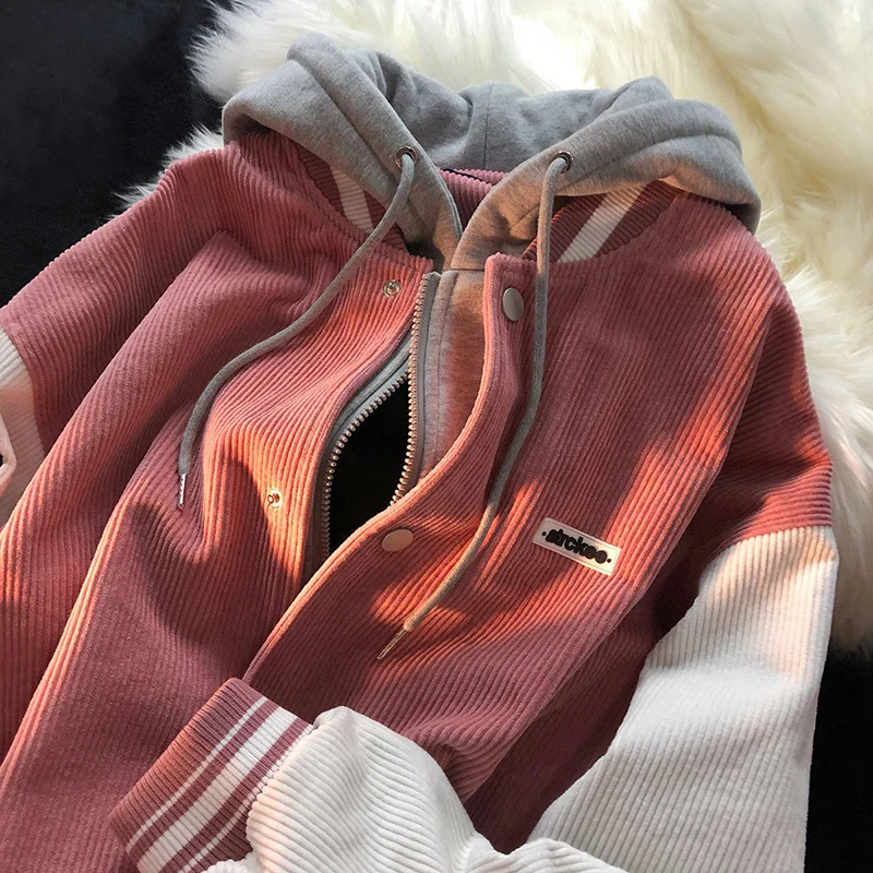 

Corduroy Fake Two Jackets Women Jacket Single Breasted Bomer Jacket Vintage Patchwork Female Coat Winter Clothes Women Outerwear