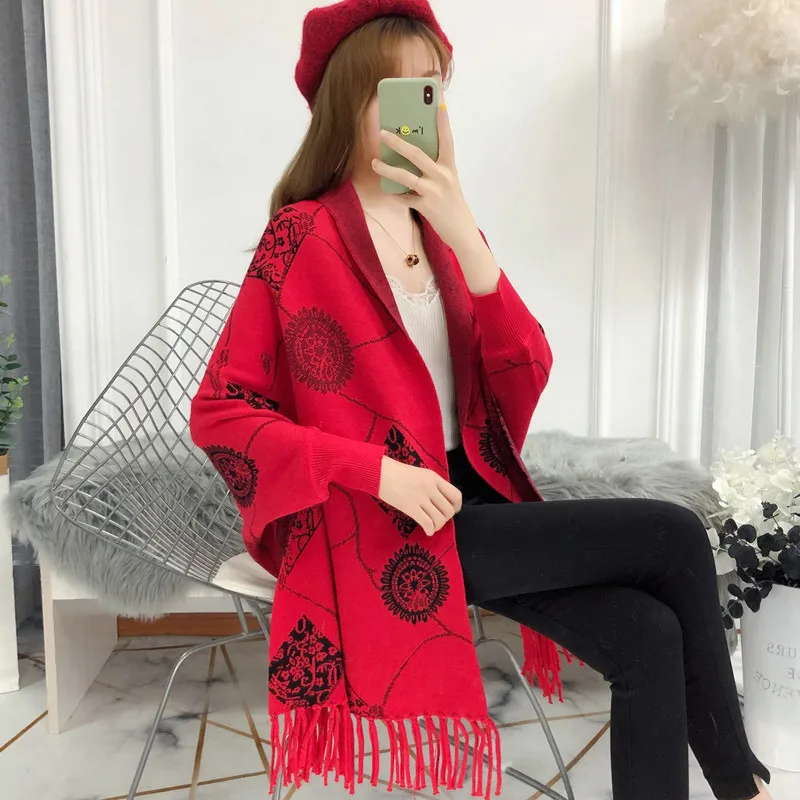 Кардиган с бахромой и рукавом летучая мышь свитер накидка Женский плотный теплый