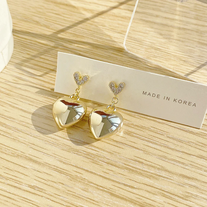 

Vintage Exquisite 14k Real Gold Jewelry Metal Texture Heart Earrings for Women Luxury AAA Zircon Stud S925 Silver Needle Gift